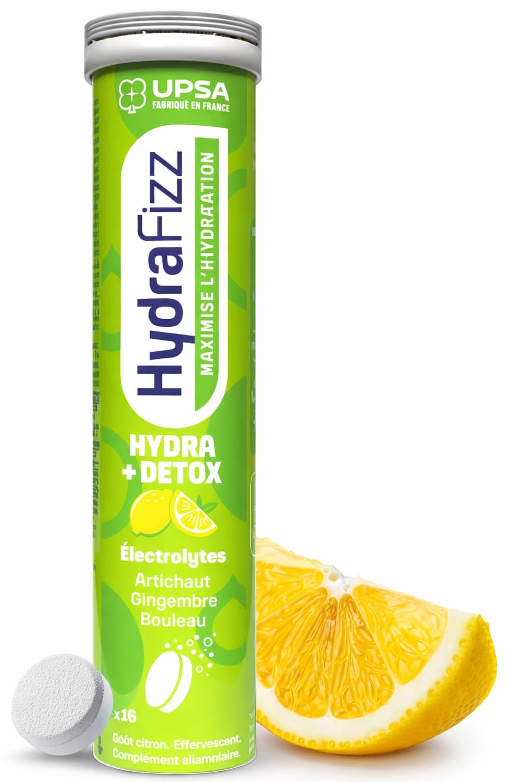 UPSA Hydrafizz Détox - Détox & Hydratation - Électrolytes, Vitamine C, Artichaut, Gingembre & Bouleau - Goût Citron - 16 Comprimés Effervescents - Fabriqué en France - Complément Alimentaire