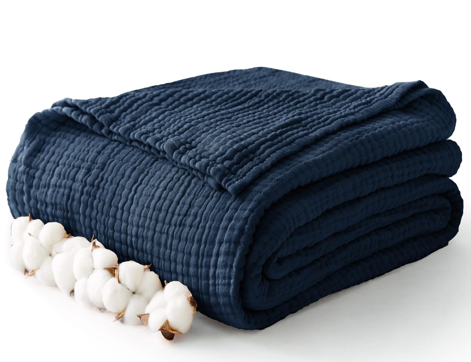100% Cotton Muslin Blanket Large 50" x 70", 6 Layers Breathable and Lightweight Navy Throw Blanket for Bed and Couch, Soft Quilt Bedspread, Gauze Blanket for Adults All Season, Navy, Dark Blue-image-10