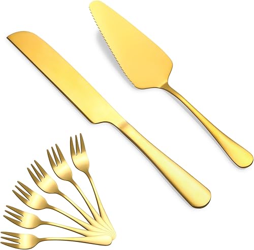 Cake Knife and Server Set with 6 Pcs Cake Forks,Wedding Cake Cutting Set for Bir