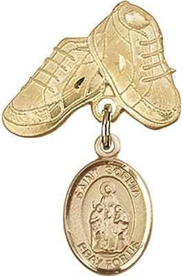 Gold Filled Baby Badge with St. Sophia Charm and Baby Boots Pin 1 X 5/8 inches