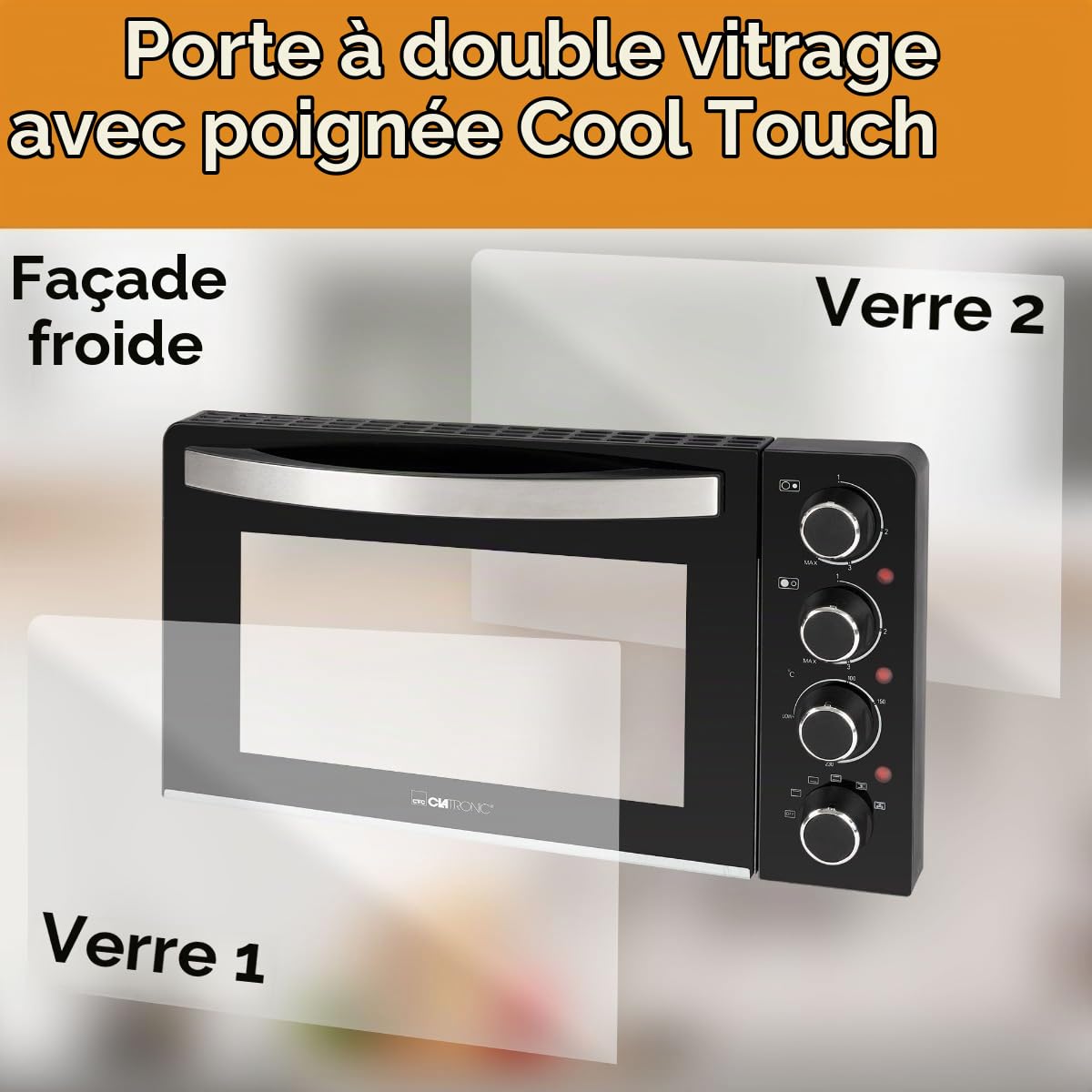 Clatronic® Mini-four avec plaques de cuisson et broche tournante | cuisson et rôtissage simultanés | mini-four à convection de 28 litres, chaleur supérieure/inferieure de 100° à 230°C | KK 3786
