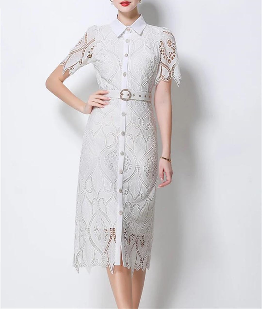 Generisch Damen Sommerkleid Mit Ausgehöhlter Spitze Revers Knopf Figurbetont Für Business Arbeit Hochzeit Gast Cocktailparty Midikleider Mit Gürtel