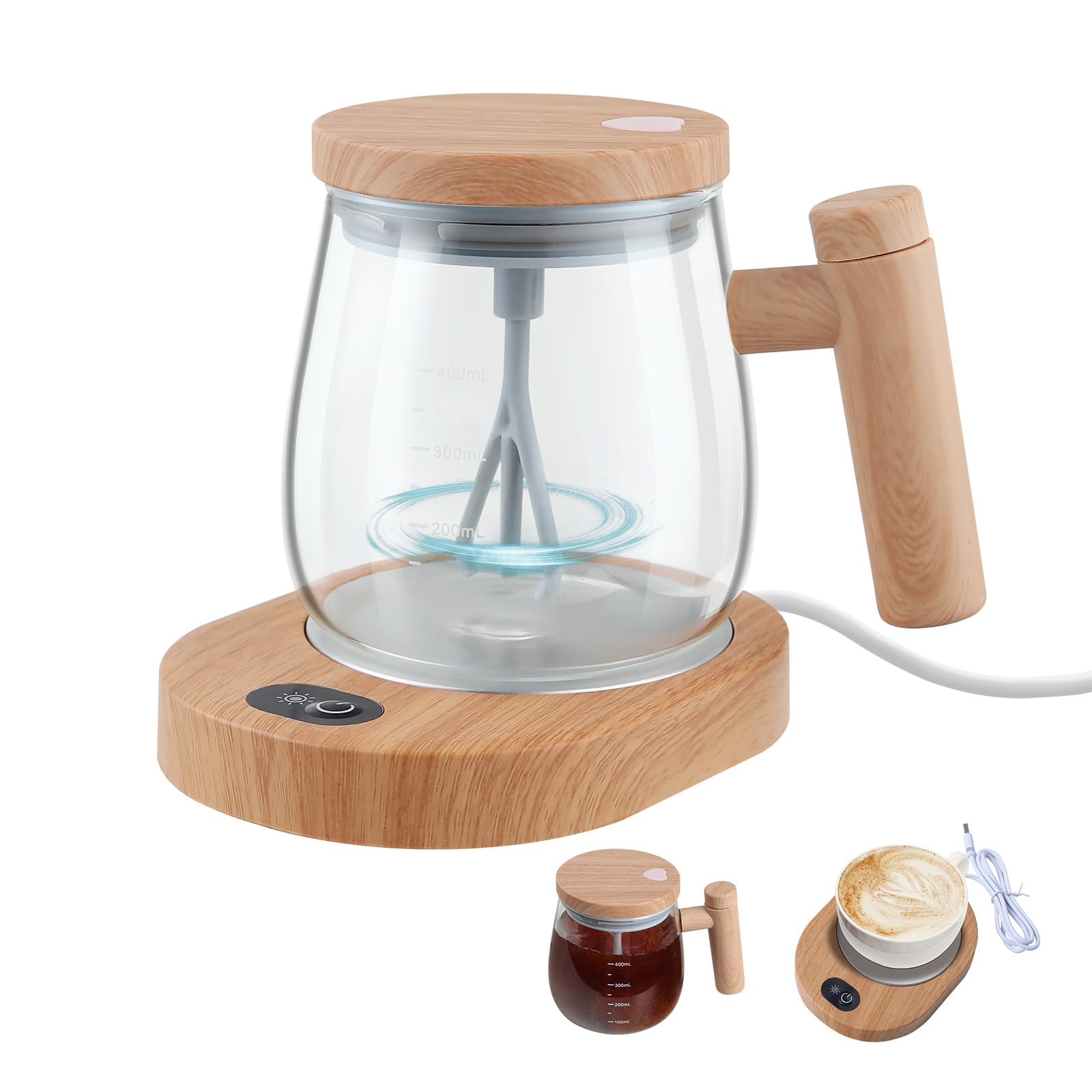 Foyucool Self Stirring Mug with Warmer Base Set, Battery Powered, High Speed Mixing Cup with Handle, 400ml Glass Travel Coffee Mug, Suitable for Coffee, Milk