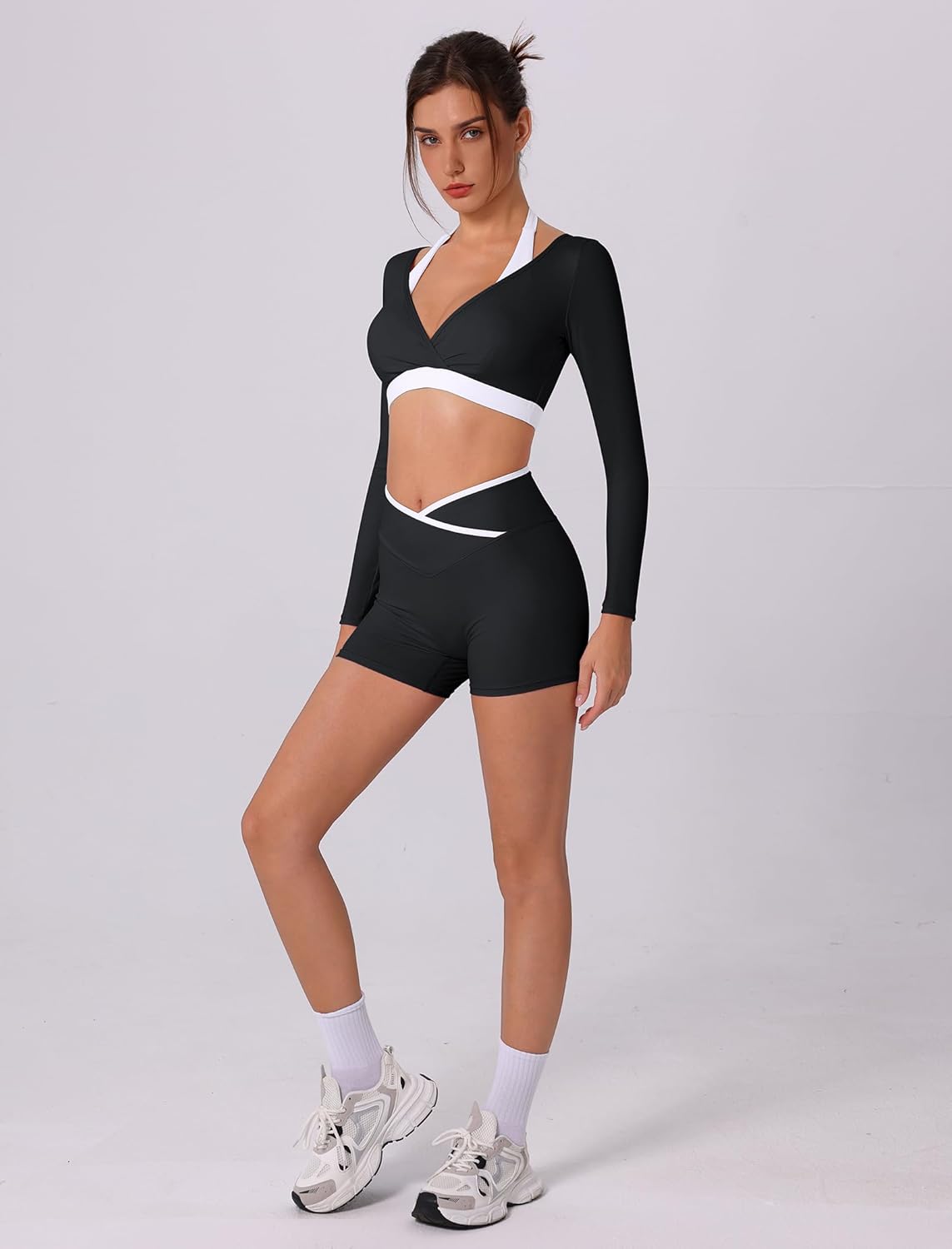 ABOCIW Womens Workout Sets Color Block Long Sleeve Crop Top with Built-in Bra Crossover Booty Shorts Yoga Gym Outfits