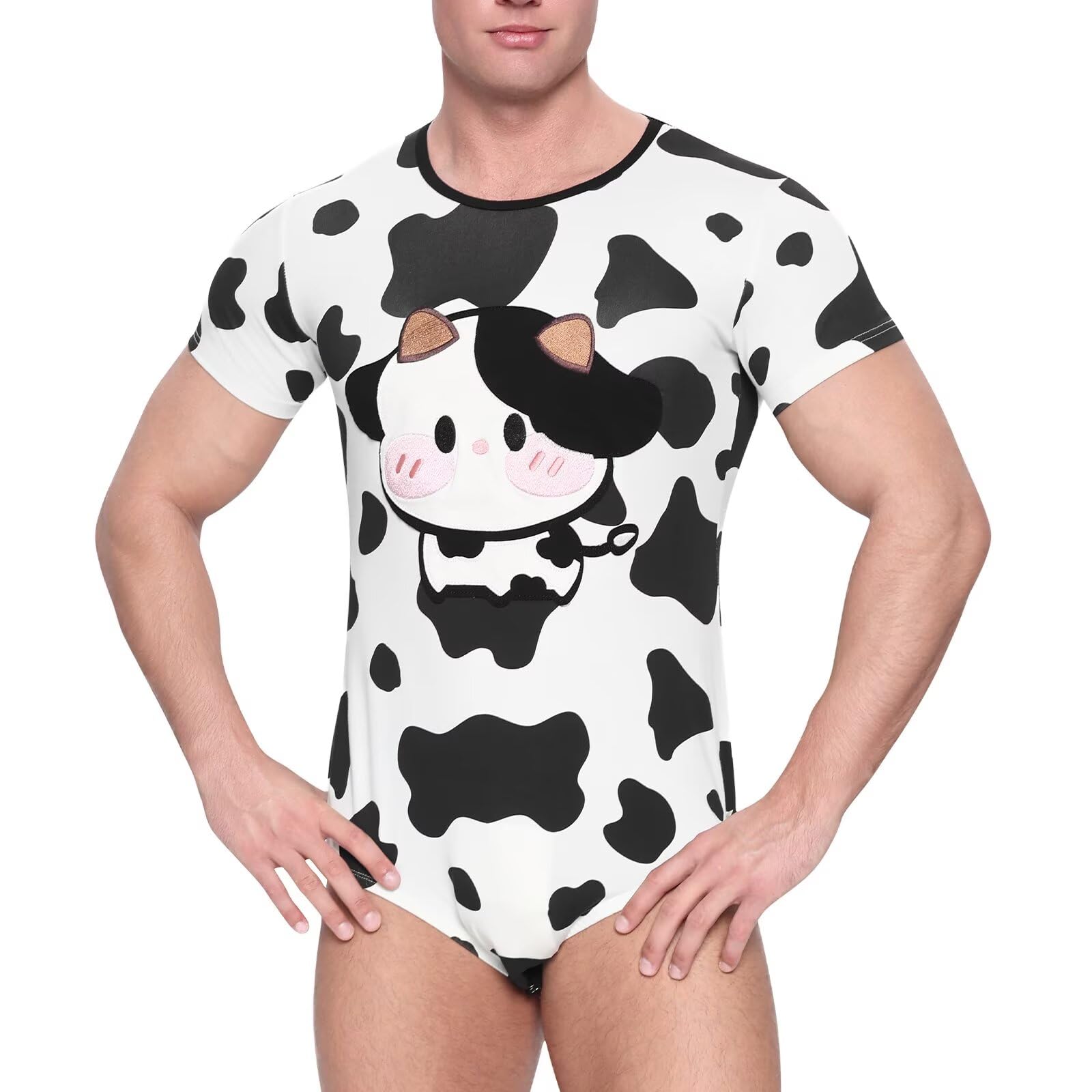 Landofgenie Body Homme Manches Courtes en Coton avec Imprimé Vache et Boutons-Pression à l'entrejambe, Pyjama Confortable ou sous-vêtement Onesie