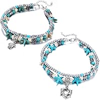 STARAIN Blue Turtle Anklets for Women - Handmade Multilayer Beaded Boho Beach Ankle Bracelets Set