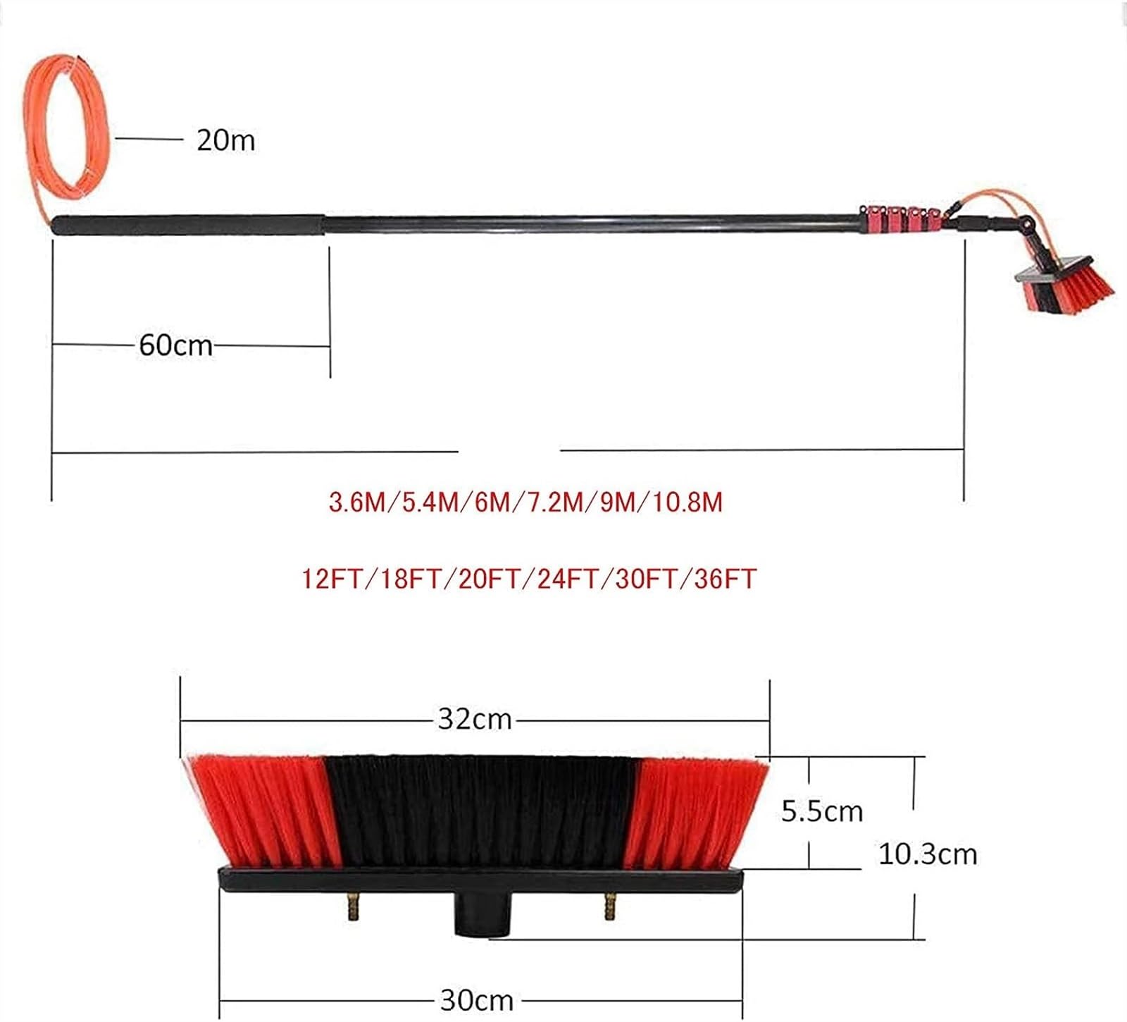 Kit De Pértiga con Suministro De Agua, Cepillo con Suministro De Agua, Equipo De Limpieza De Paneles Solares, Cepillo para Limpiar Ventanas,12ft/3.6m