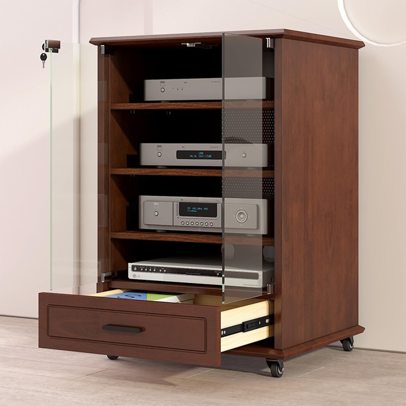 Szafka stereo z kółkami i szufladą, stojak na audio AV, Media Center Storage dla odtwarzaczy płyt, 3-poziomowa konsola audio, wykończenie orzechowe do salonu