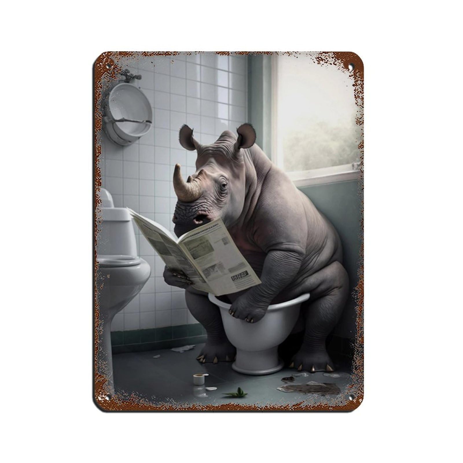 Rhino Sitting on The Toilet Reading A Newspaper Tin Sign Vintage Metal Pub Club Cafe Bar Home Wall Art Decoration Poster Retro 12x16inch(30x40cm)