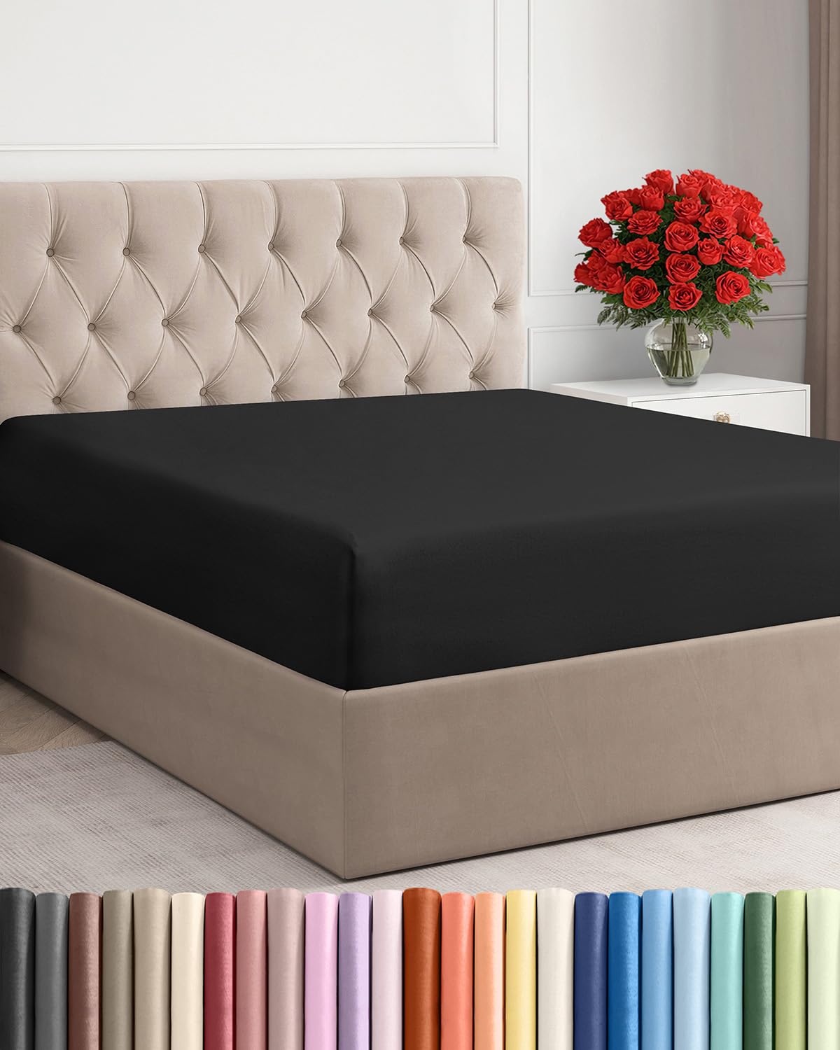 Queen Fitted Bed Sheet - Bottom Single Fitted Sheet Only - Ultra-Soft Hotel Luxury Bedding w/ 8-16 Inch Deep Pockets - Breathable, Cooling & Wrinkle Free - Easy-Care, Fade & Shrink Resistant - Black