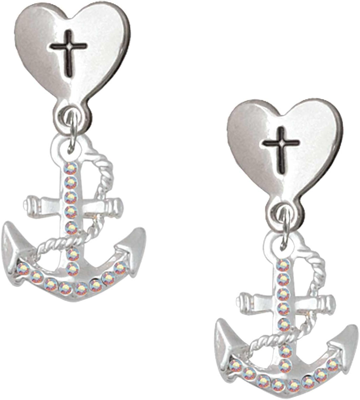 Delight Jewelry Silvertone Crystal Anchor Cross in Heart Post Dangle Earrings