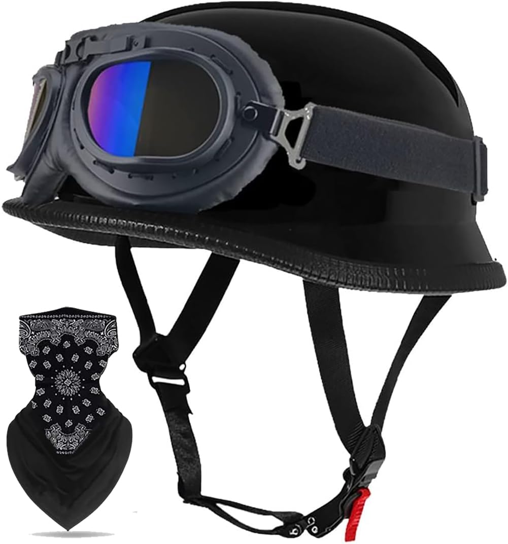 Vintage Deutsche Motorrad Halbschalenhelm mit ECE, Retro Half Öffnen Jethelm mit Schutzbrille für Bike Cruiser Chopper Moped Scooter ATV Männer und Frauen Helm D M