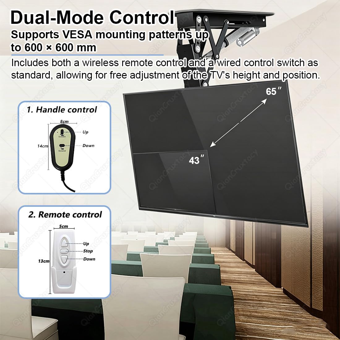 Soporte TV Techo Motorizado Abatible, Elevador Eléctrico para Pantallas Planas y Curvas de 43-65 Pulgadas, VESA 600x600 mm, Ángulo 0-90°, Doble Control (Mando a Distancia+Interruptor)