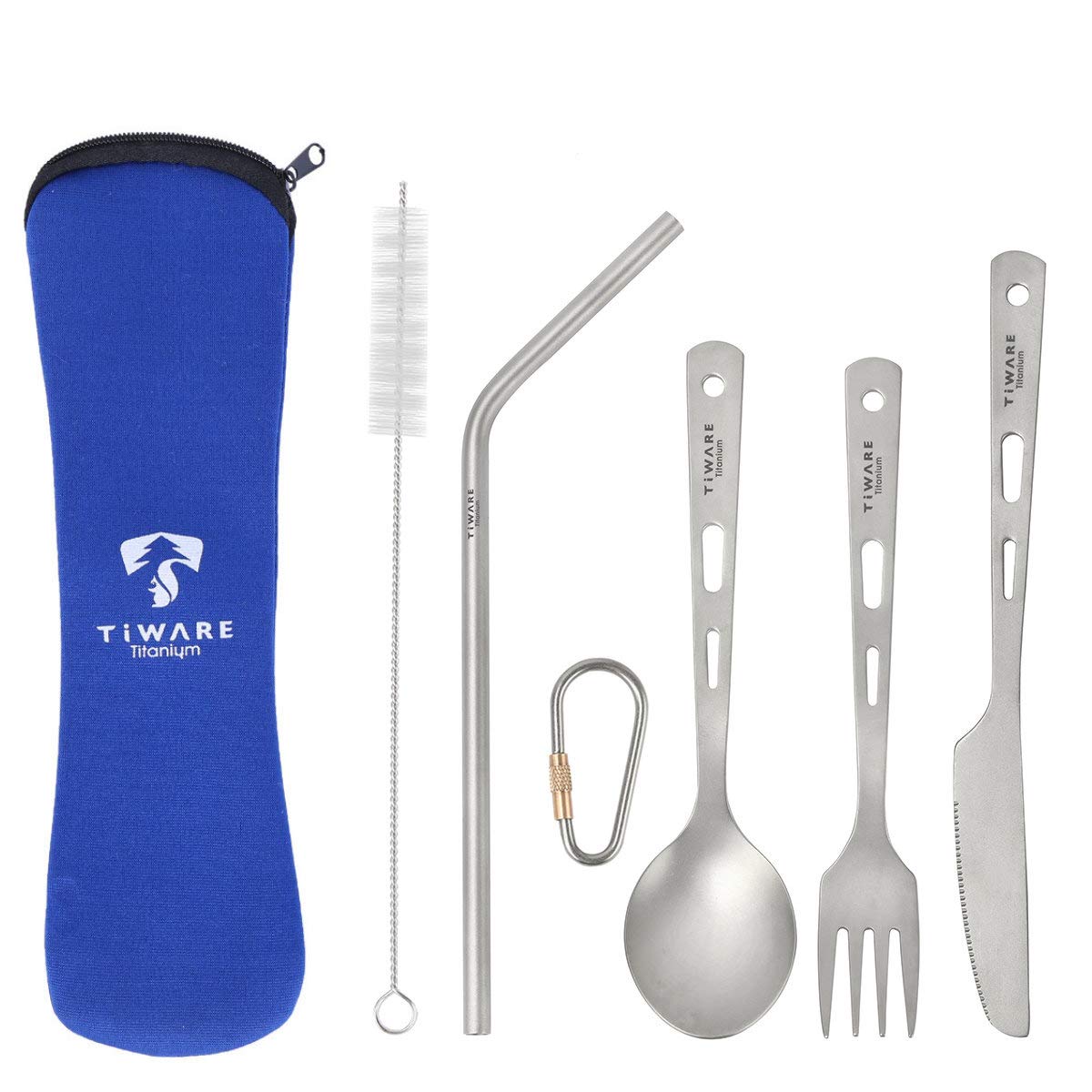 Titanium Knife Fork Spoon Drinking Straw Ultra-Light Weight Tableware Durable Flatware Cutlery Set w. with Carabiner Clip Reusable Eco-Friendly for Hiking Camping Scouting Outdoor Sports Long Lasting
