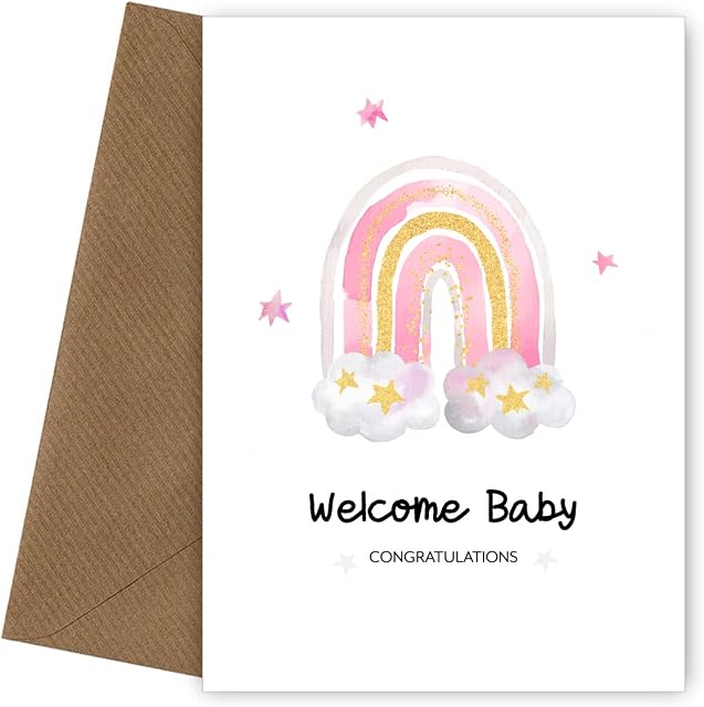 Congratulations New Baby Girl Card for Proud Parents or Grandparents - Christening Baptism Birth of Baby Girl Card - Greetings Card when It's a Girl - Watercolour Pink Rainbow - Welcome Baby Girl