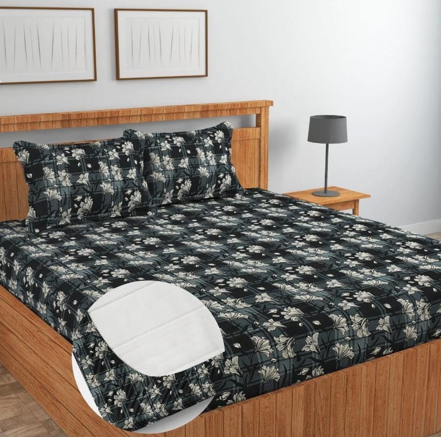 Image of NHD HOME Premium Cotton All Round Elastic Fitted Bedsheets with 2 Pillow Covers Double Bed All Around Elastic Supersoft Size - 72 x 78 +10 inches Dark Grey 200 tc - 220 tc