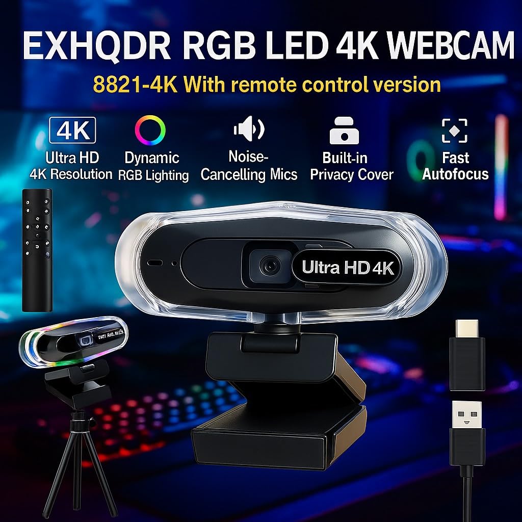 4K & 1080P 60FPS Webcam with Autofocus, Dual Mics, RGB Lighting, Privacy Cover, & Play for Streaming/Conferencing(4K AF)