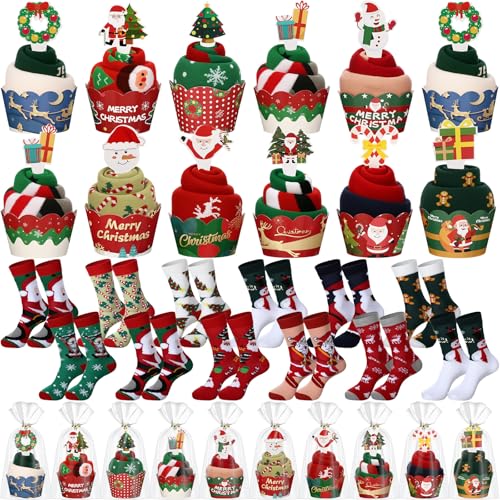 Cutecrop 12 Pairs Christmas Cupcake Fuzzy Socks for Women with