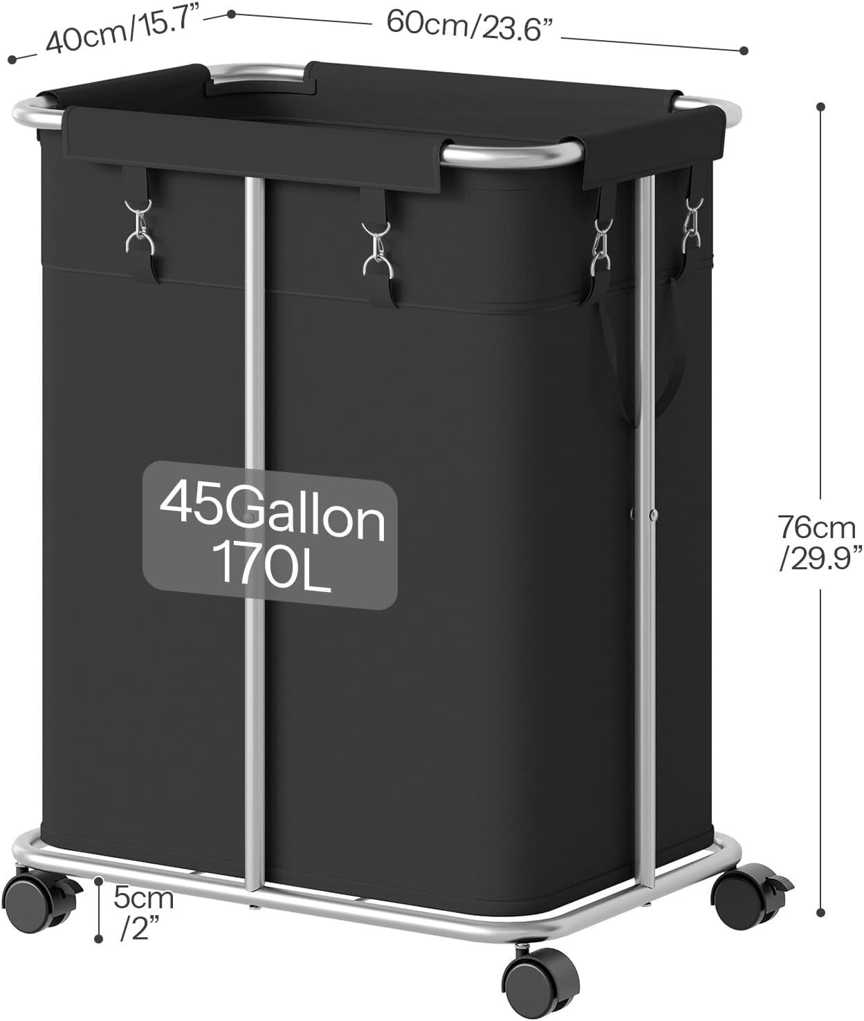 HOOBRO 170L Laundry Basket with Wheels, 45 Gallons Rolling Laundry Hamper, Narrow Slim Laundry Sorter with Removable Oxford Fabric Bag, Laundry Room, Dorm Room, Bedroom, Black BB05XY01