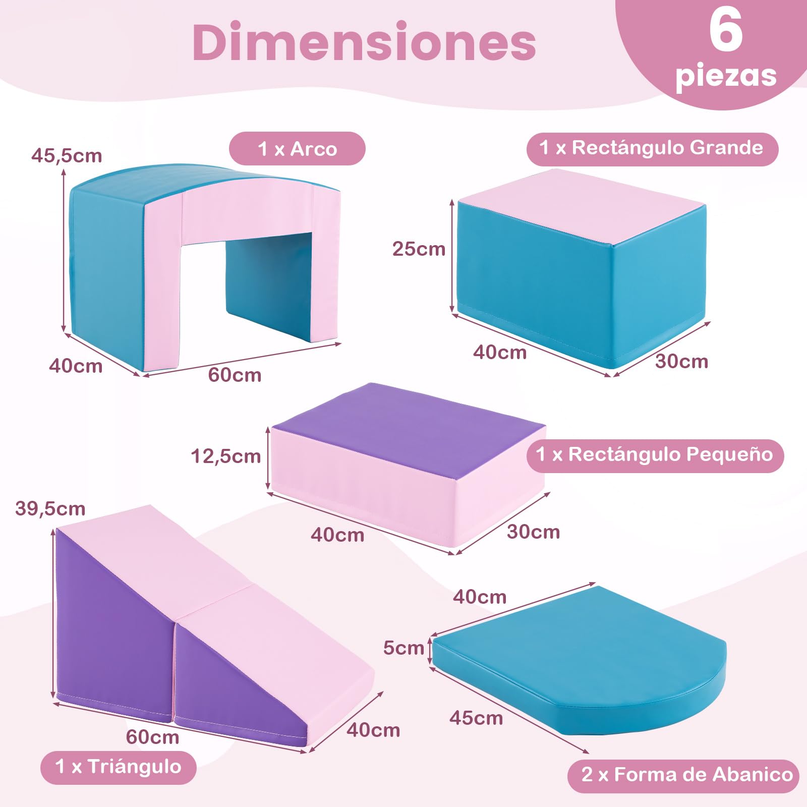 COSTWAY Juego de 6 Bloques de Espuma para Niños de 12 Meses+, Grande, Bloques de psicomotricidad Infantil para Escalar y Gatear, Suave, Soft Play Corner Climber (Rosa y Morado)