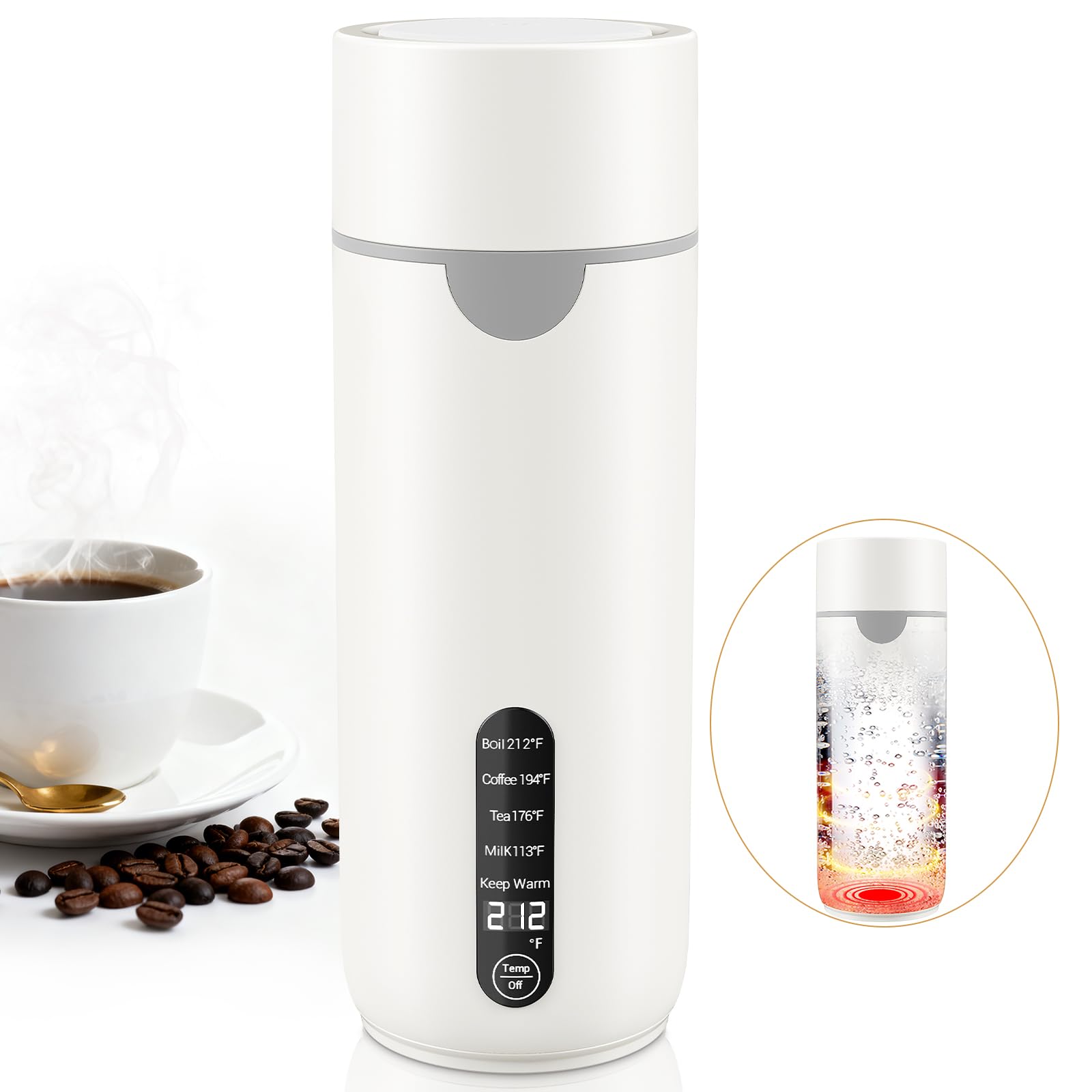 Alinayee portable travel kettle 400ml in white with LCD