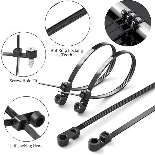 Miniatura 3 de Bridas negras de 8 pulgadas con orificio para tornillo, bridas de cables resistentes para cables de 75 libras, cabeza montable, montaje de tornillo,