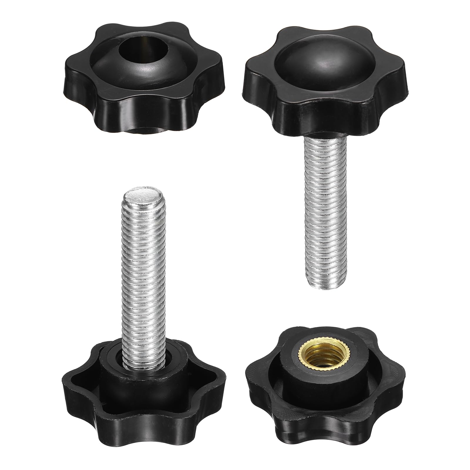 sourcing map 2 Set Star Knobs M10 x 55mm Male + M10 Female Thread 38mm Head Metric 6-Star Threaded Stud Clamping Handles Screw in Through Hole Hand Jig Knob Thumb Screws, Black