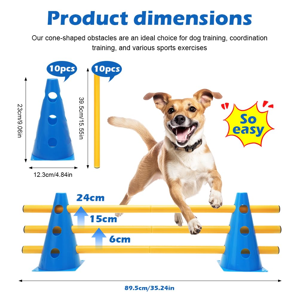 Agility Kit de sport pour chien Cavaletti - 10 cônes + 5 barres, avec barre et chapeau, pour l'entraînement des animaux et du football - Résistant aux intempéries et stable