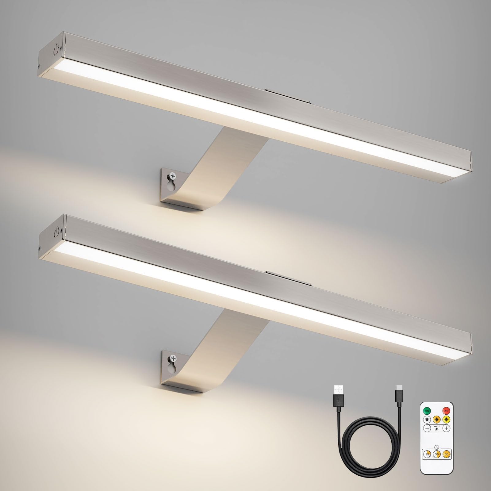 Harper Living Brushed Nickel Set Of 2 Picture Lights 5000Mah Battery Operated Wall Picture Lights With Remote, Rechargeable Lamp Dimmable & 3 Color Temps, Display Lights For Dartboard Frame Gallery