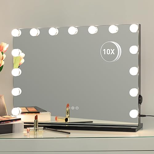 HOMPEN Espejo de maquillaje con luces, espejo de tocador grande iluminado Hollywood con 15 bombillas LED regulables, 3 modos de color, control