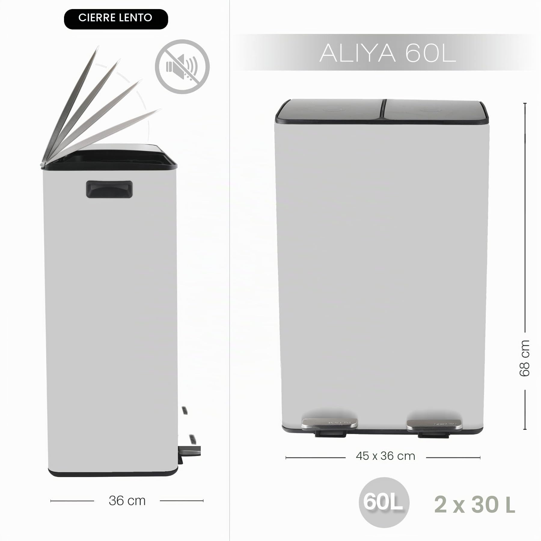 Spirella - Contenedor de reciclaje de cocina con pedal de 60 l (2 x 30 l) - Modelo Aliya - Acero inoxidable cepillado - Tapa de cierre suave - Cubos extraíbles - Asas laterales - Blanco mate