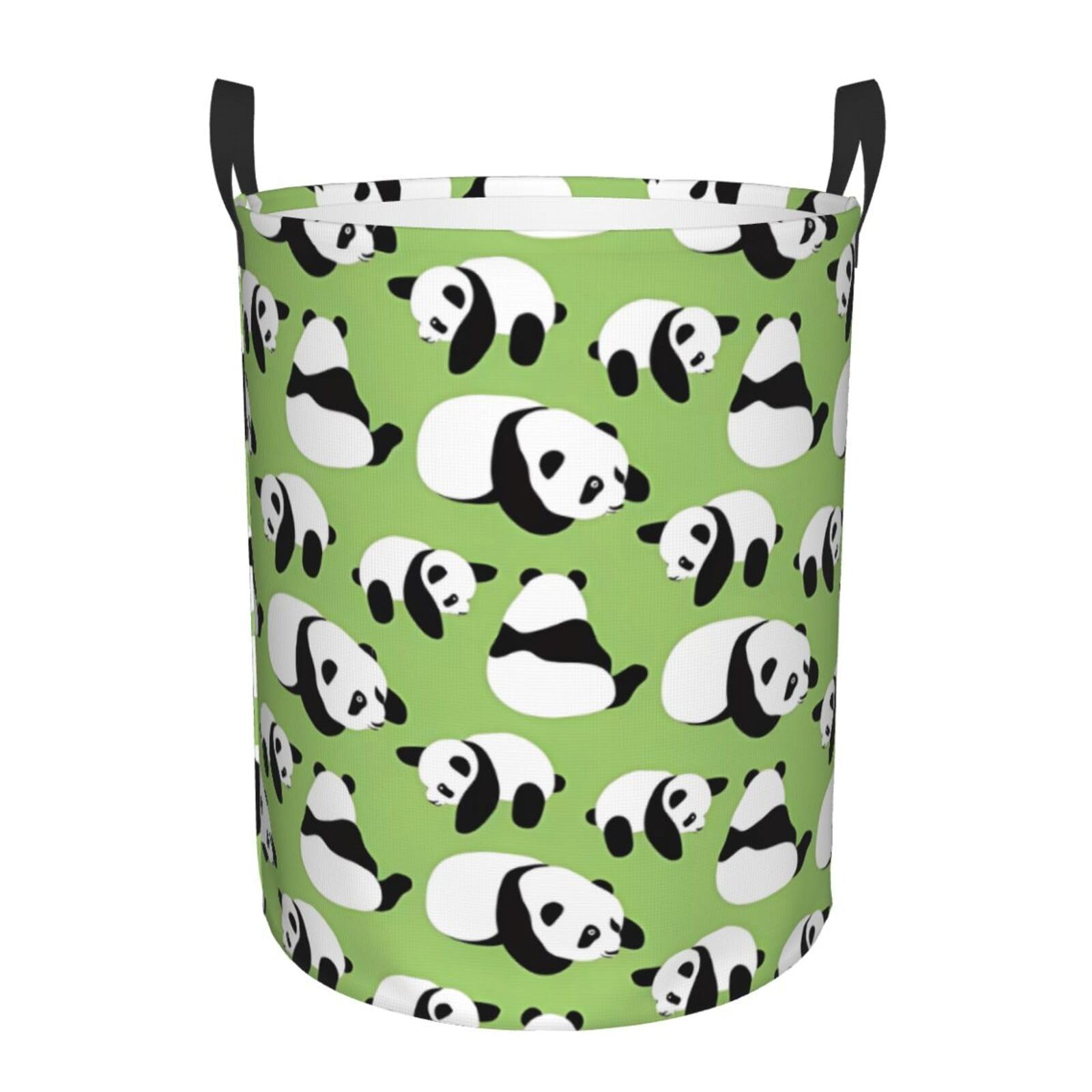 M Circular Hamper – Collapsible Green background panda Print Laundry Basket
