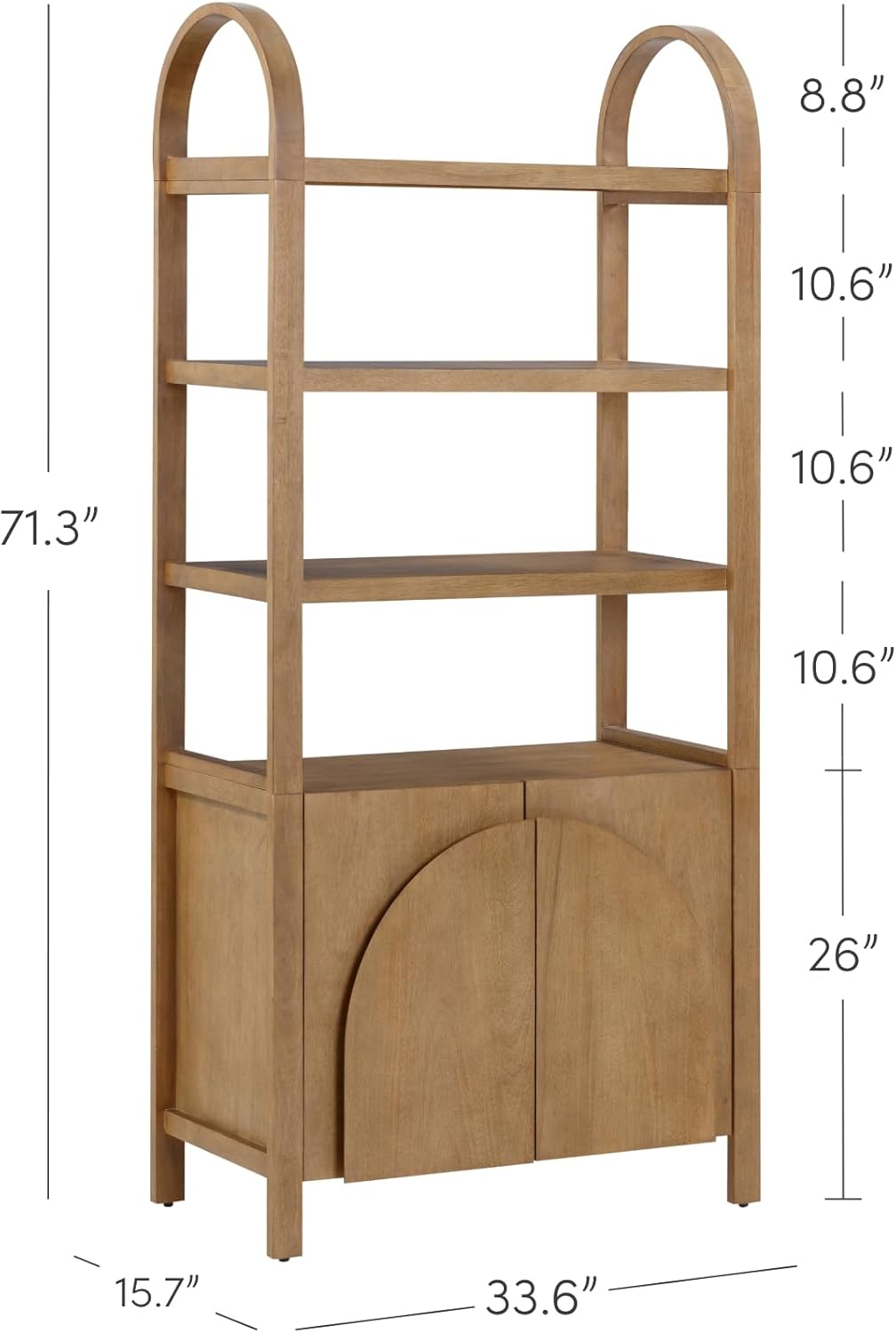Nathan James Iris 3 Tier Bookshelf, Arched Bookcase Cabinet, Solid Wood Bookcase with Cabinet Base, Boho Bookshelf in Unbrushed Light Brown Finish