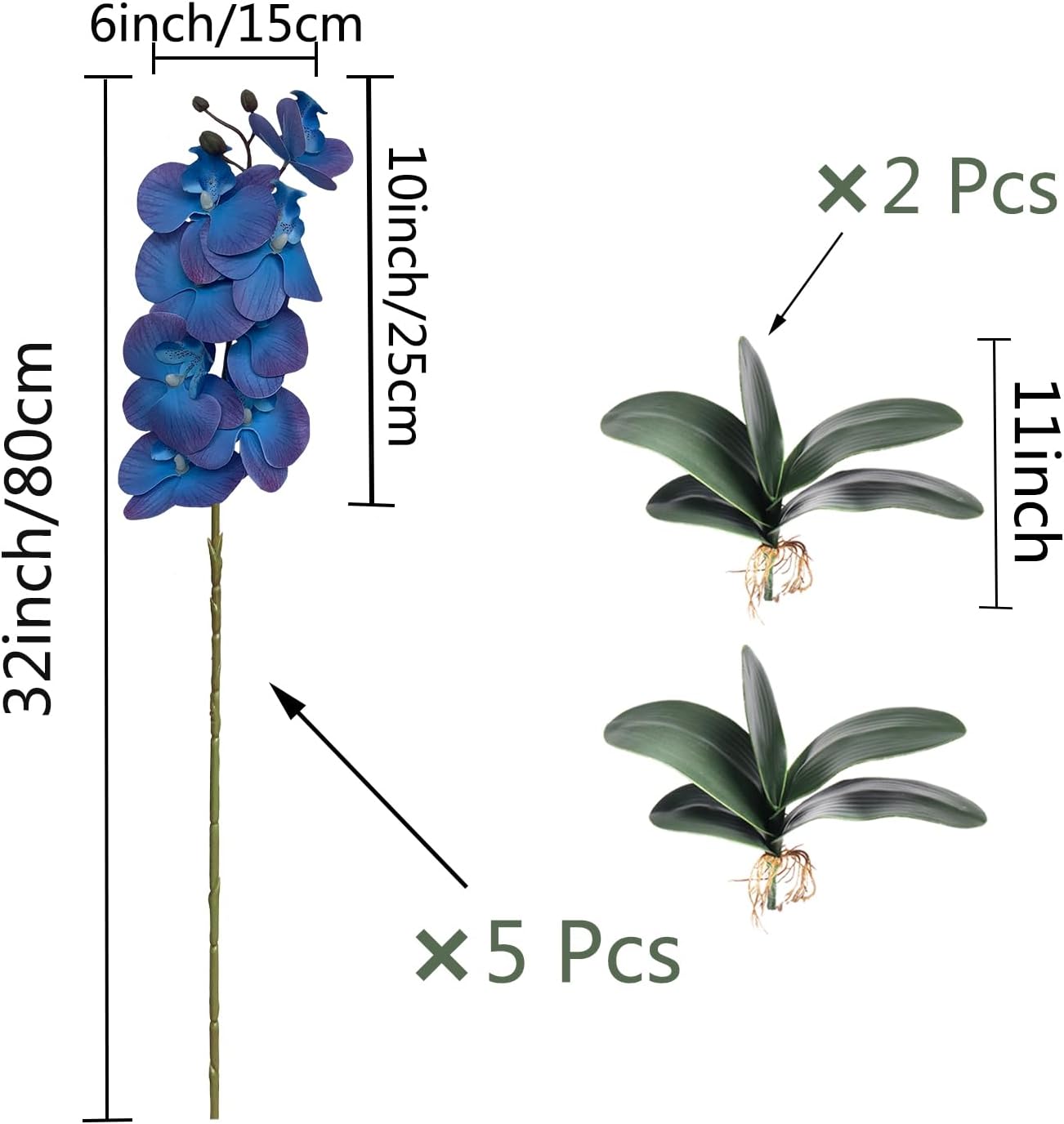 HinyoCo 5 Pcs Artificial Orchid Flowers and 2 Bundles Leaves,Artificial Phalaenopsis Flowers 32 Inch Stem Plants for Home Wedding Decoration (Blue and Purple Edges)