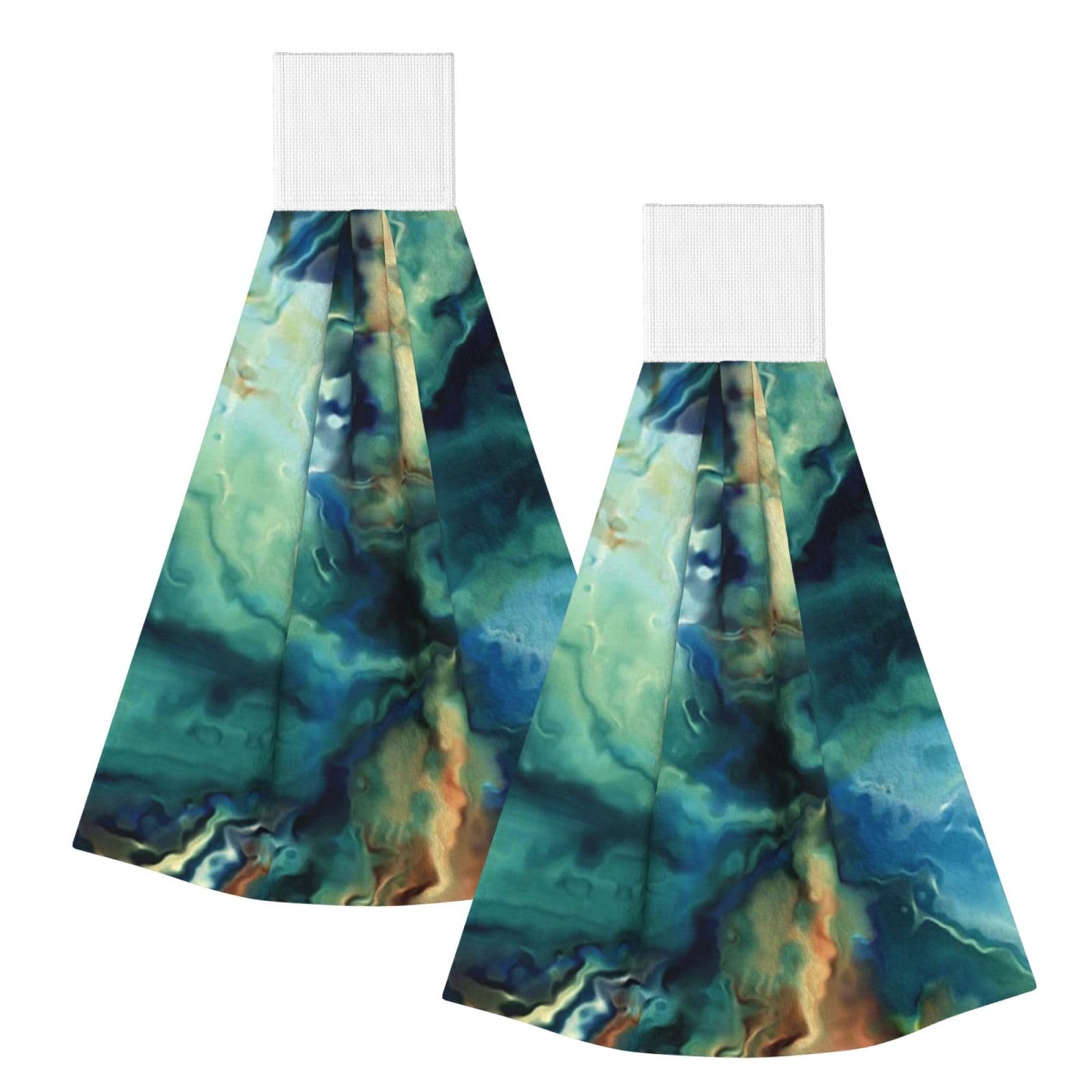 DOPKLNA Abstract Marbled Ocean Navy Blue Teal Green, 2 Pcs Hanging Coral Fiber Hand Towels for Bathroom, Absorbent Kitchen Towels