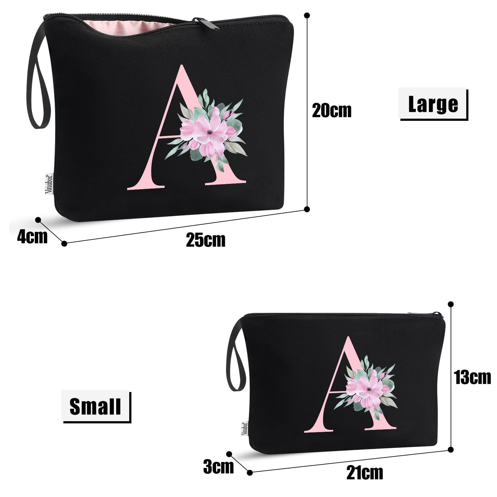 Vavabox 2 Pcs Initial Toiletry Bags Set,Birthday Gifts for Women,Travel Portable Toiletry Bag with Handle (K, Black) — view 2