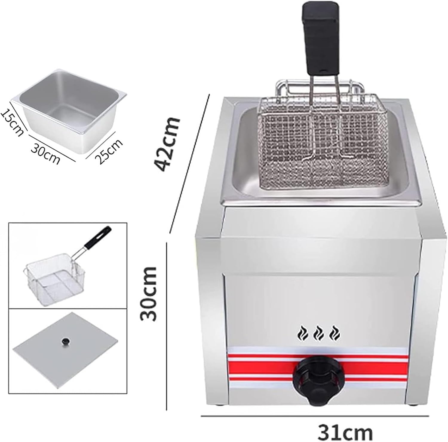 Friggitrice a Gas Professionale, Friggitrice Commerciale da Banco in Acciaio Inossidabile con Cestello e Coperchio, Friggitrice da Esterno, Capacità 10L/20L/30L