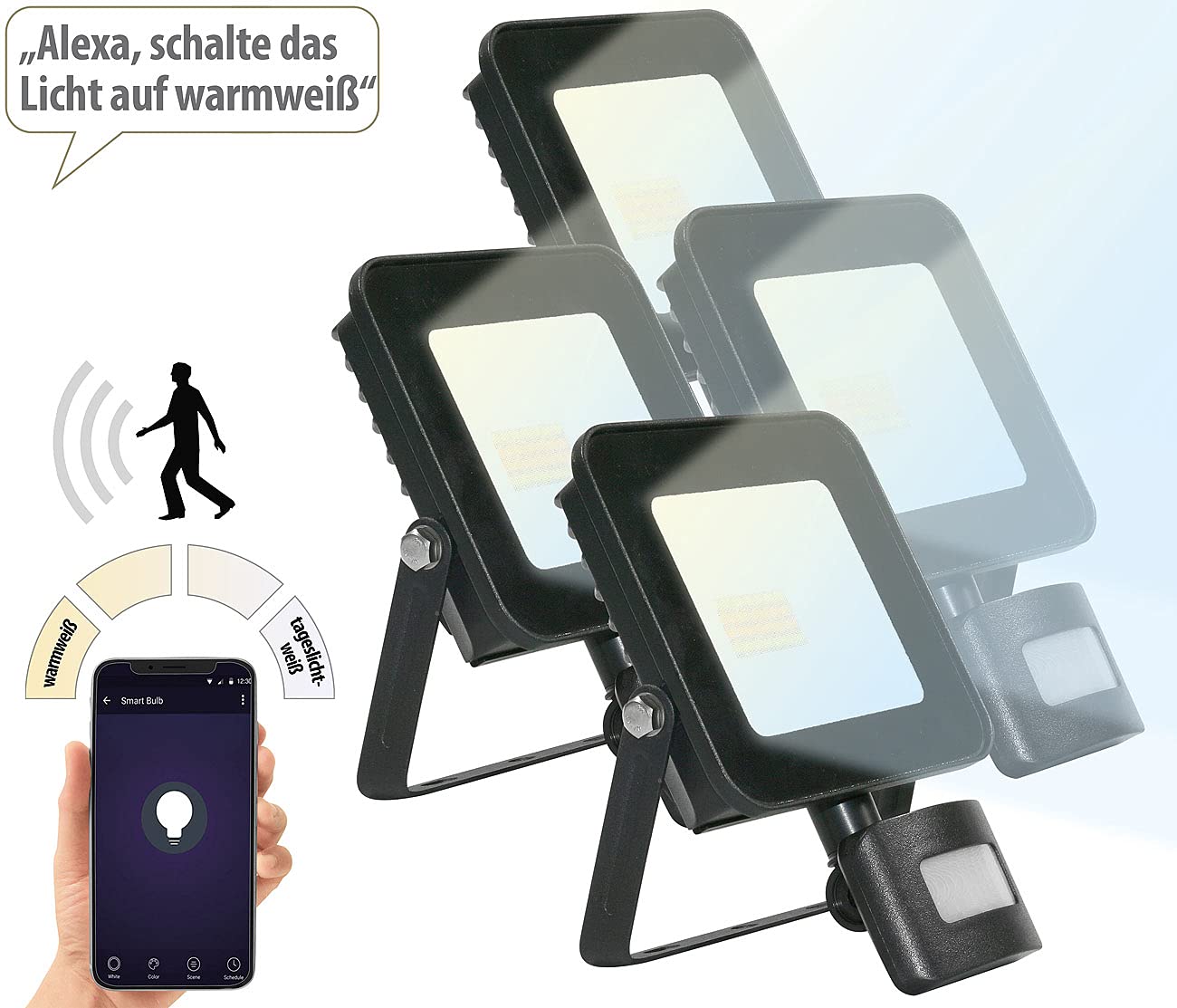 Luminea Home Control proiettore CCT: Set da 4 WLAN-LED-Floodlight, CCT-LED, sensore di movimento PIR (proiettore da interno, faretto WLAN)