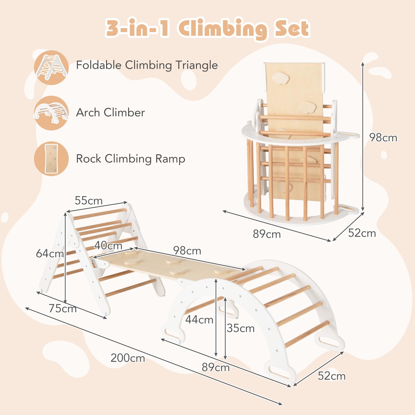 FANTASK 4 in 1 Klettergerüst mit rutsche, Kletterdreieck Holz inkl. doppelseitige Rampe & Kletterboge & Wippen, Sprossendreieck Spielplatz für Kinder ab 1 Jahr, Weiß