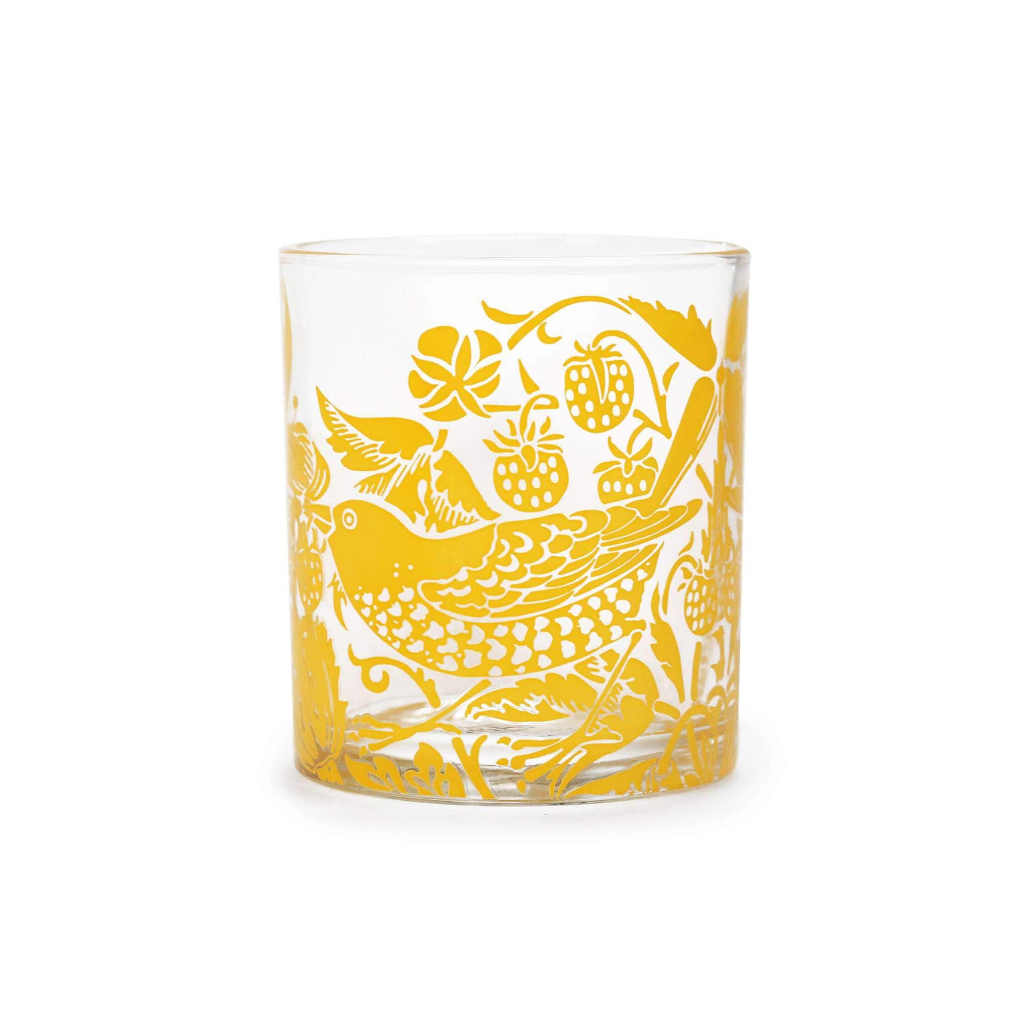 Half Moon Bay Strawberry Thief - by William Morris - Quice Yellow 16 Ounce Glass Cocktail Mocktail Drinking Cup