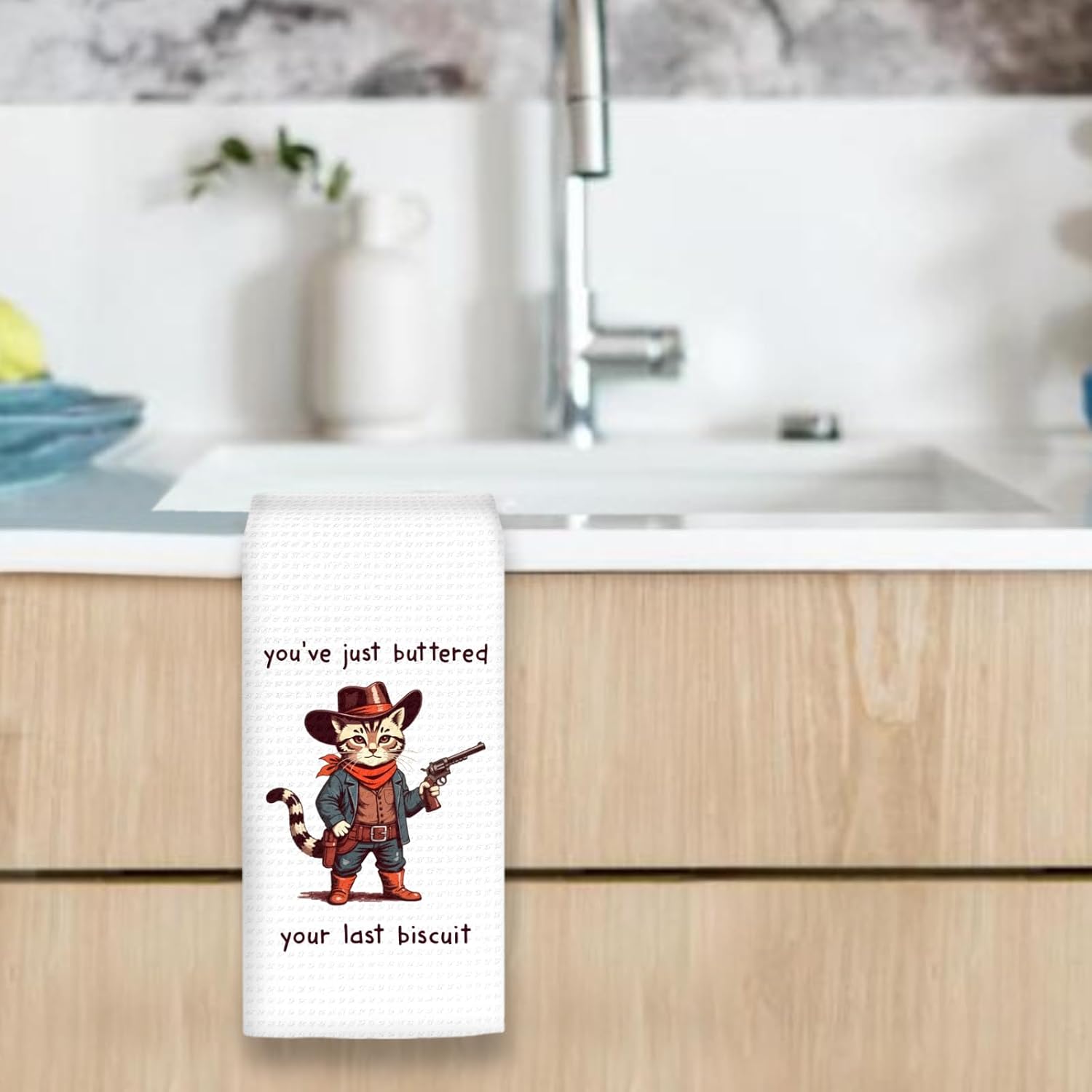 Western Cowboy Cat Kitchen Towels, Funny Western Cat Hand Towels, Sarcastic You’ve Just Buttered Dish Towel Tea Towel for Kitchen Decorative, CatCowboy Bathroom Kitchen Decor, 16x24In - Image 4