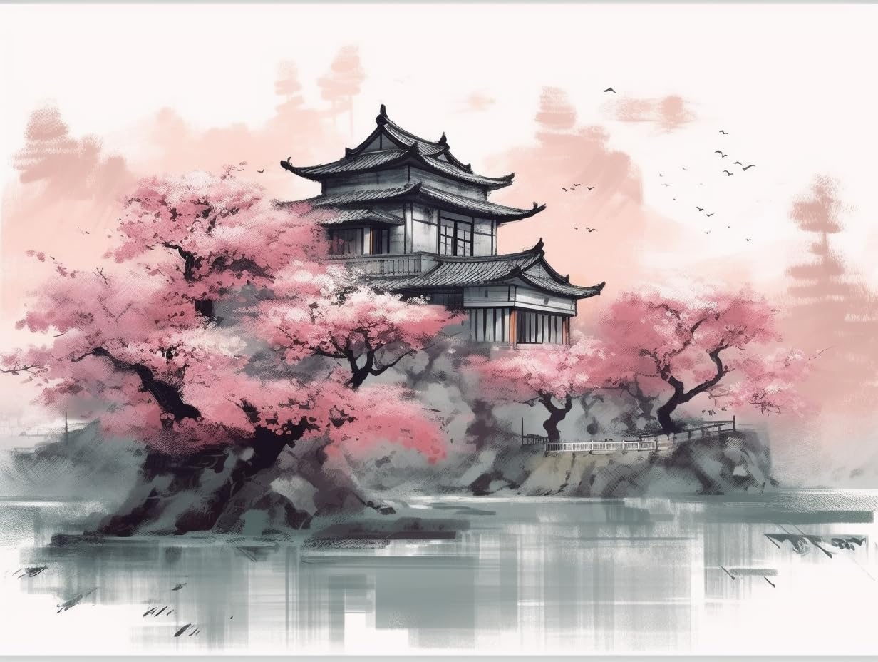 Generic Diamond Art Painting Landscape Peach Blossom House Chinese Style （1） Kit for Adults Diamond Art Painting by Number Kits Gem Art Wall Home