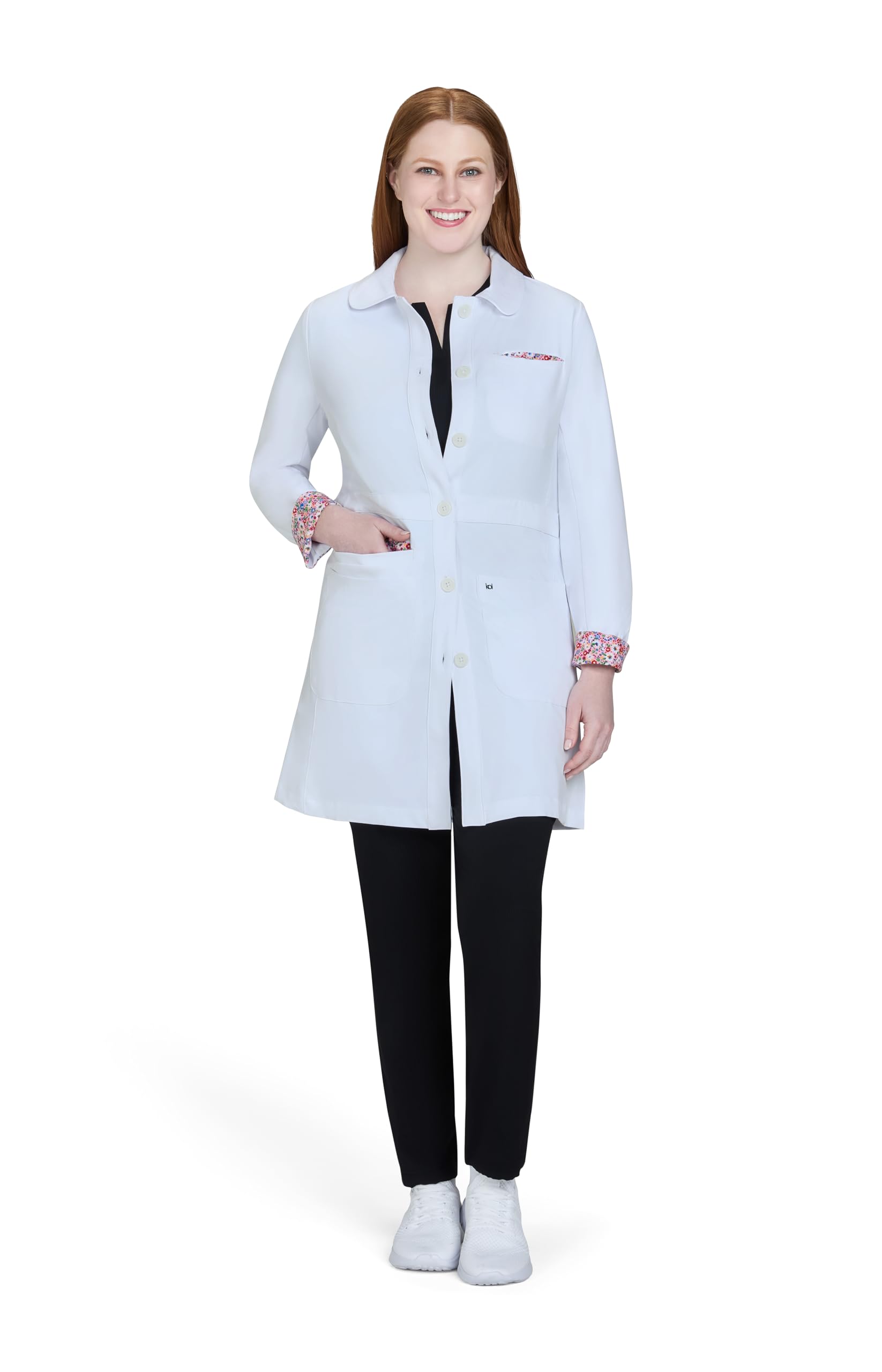 KOI Essentials Fusion - Bata de laboratorio nacarada con botones frontales y 4 bolsillos de 34.5 pulgadas para mujer