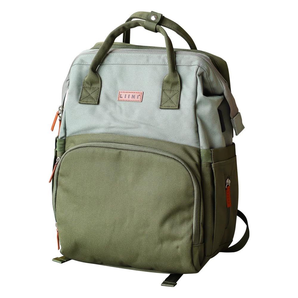 LIINI® Wickelrucksack Olive rPET – 29L Wickeltasche Rucksack aus recycelten PET-Flaschen, wasserfächer für nasse Kleidung, isolierte Flaschenfächer, inkl. Wickelunterlage & Kinderwagenhaken
