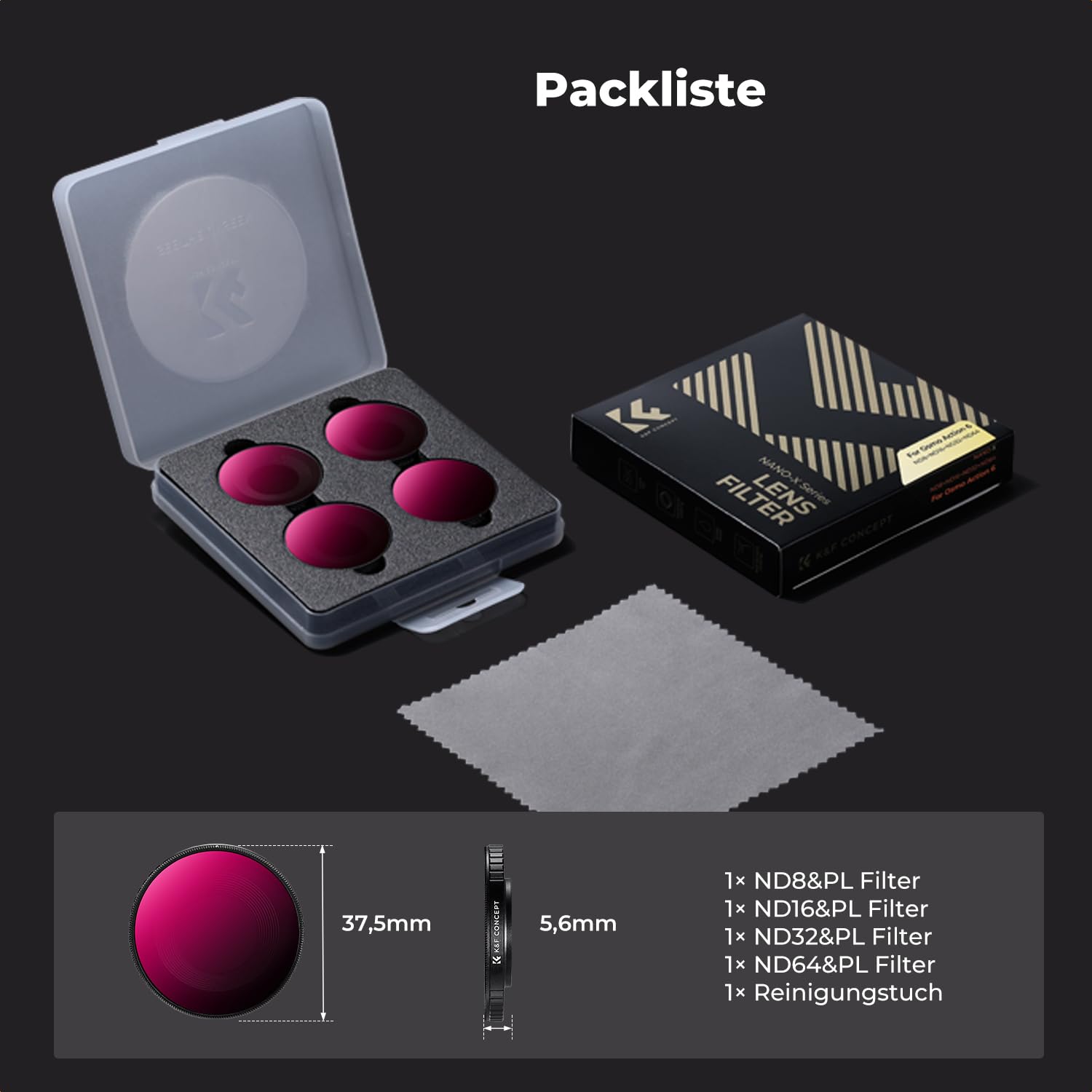 K&F CONCEPT ND&PL Filter-Set Kompatibel mit DJI Osmo Action 6, 4er-Pack Lichtreduzierende Filter zur Belichtungssteuerung aus optischem Glas mit Mehrschichtvergütung
