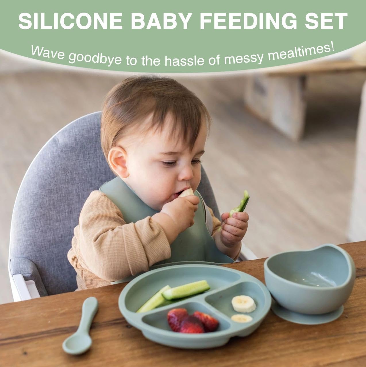 SHIKSHA PATRI 6PCS Silicone Baby Feeding Set – Suction Plate, Bowl   , Bib, Spoon, Fork, Cup – BPA-Free, Non-Toxic, Microwave & Dishwasher Safe for Toddlers 6+ Months (Green) - Image 9 thumbnail
