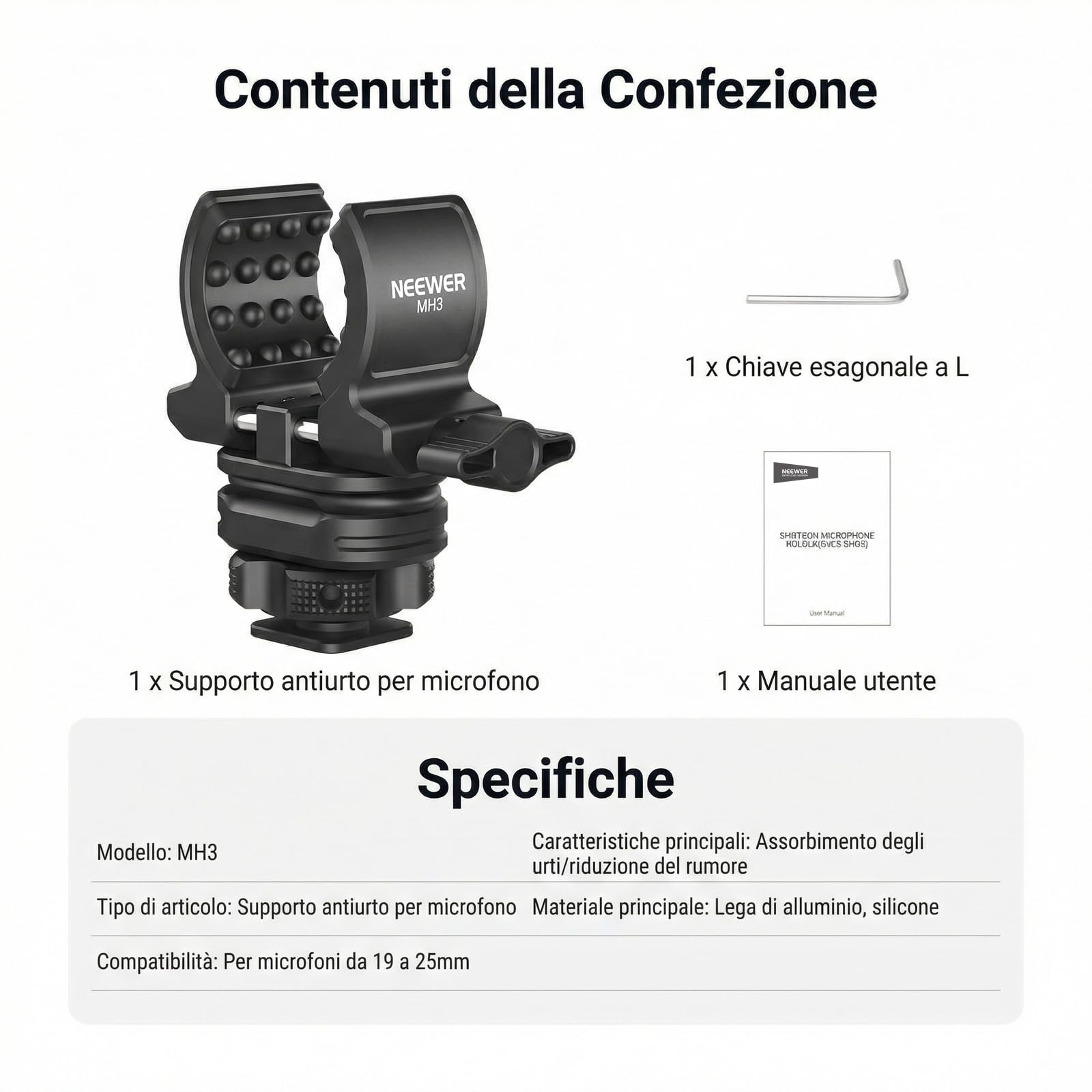 NEEWER Supporto per Microfono con Adattatore Cold Shoe, Accessori Porta Mic Antirumore e Antiurto con Cuscinetti in Silicone Integrati, per Microfoni da 0,7" a 1" (da 19 a 25mm) di Diametro, MH3