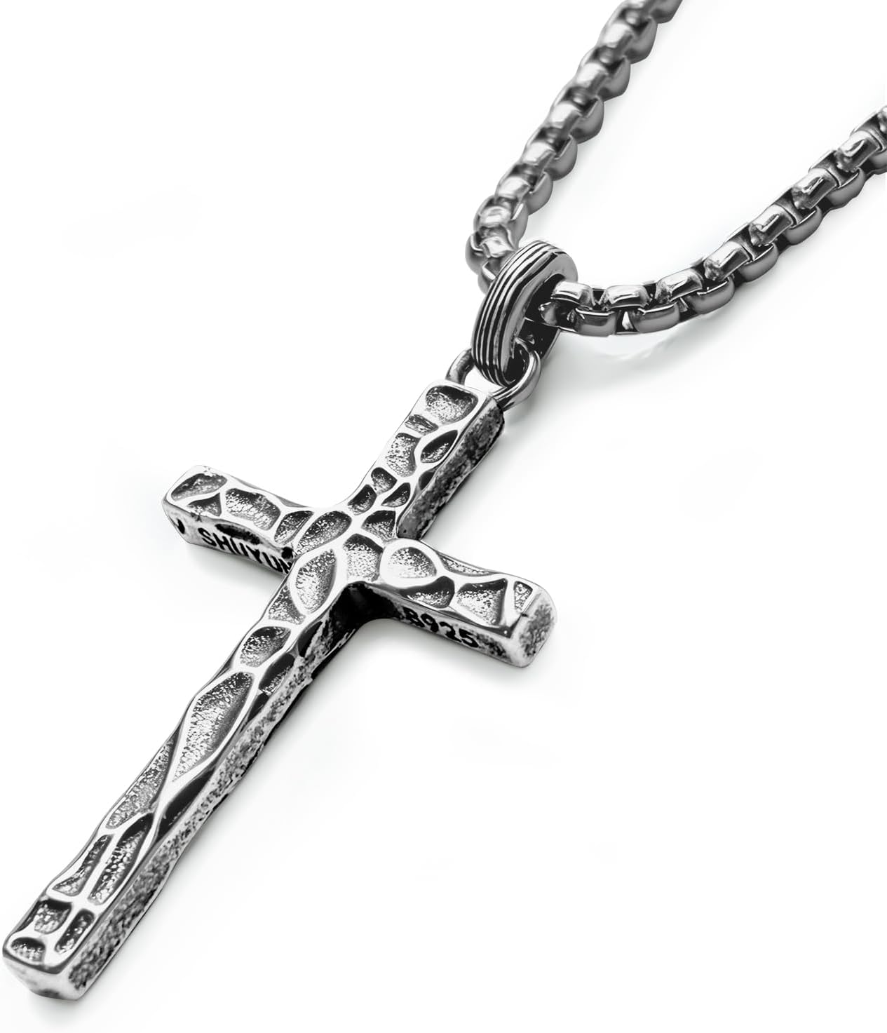 925 Silver Cross Necklace for Men, Oxidized Handcrafted Hammered/Diagonal, Vintage Silver Cross Pendant with Stainless Steel Chain, Gift for Men for Father’s Day, Christmas, Thanksgiving