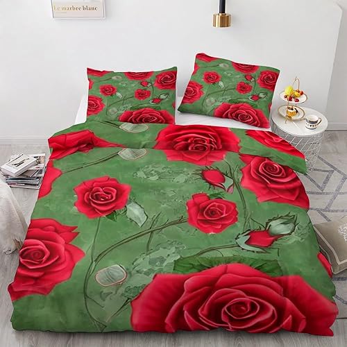 OmErsa Juego de funda de edredón de rosa roja tamaño individual, diseño de flores, decoración de dormitorio, funda de edredón y 2 fundas de almohada