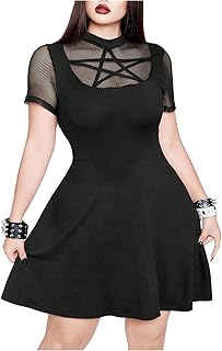 Women's Plus Size Goth Mesh Dress Short Sleeve A Line Fit and Flare Punk Rock Grunge Dress